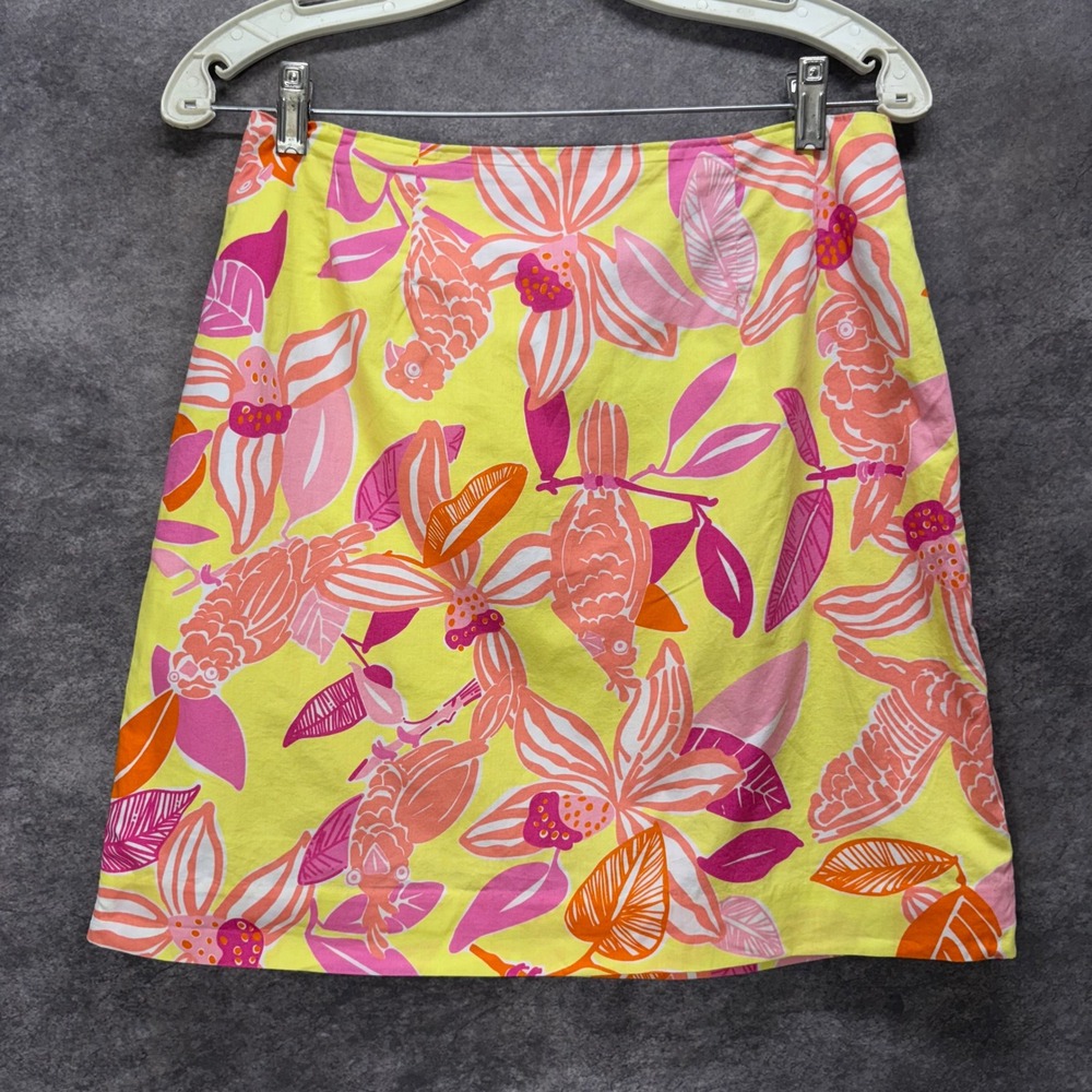 Vintage 90s Lilly Pulitzer Yellow Pink Floral Parrot Print Mini Skirt Size 6